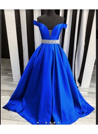 2025 Off The Shoulder Beading Sweetheart Ball Gown Royal Blue Satin Prom Dresses