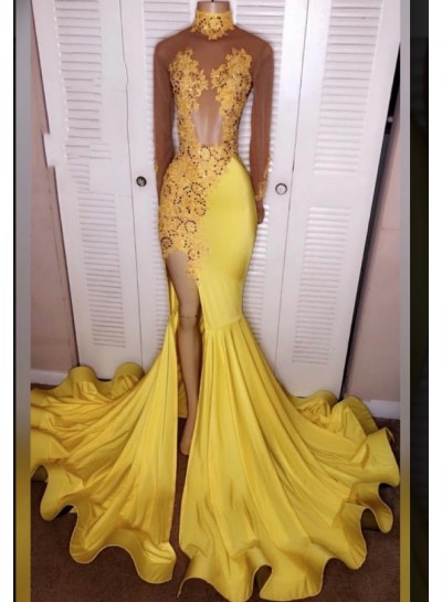 2025 Junoesque Yellow Split Mermaid/Trumpet Long Sleeve Satin Prom Dresses