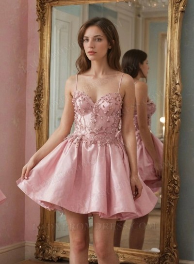 2025 Spaghetti Straps Ball Gown Pink Short/Mini Homecoming Dresses with Appliques