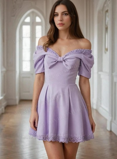 2025 Lavender Off the Shoulder Short Sleeves Satin Homecoming Dresses with Bows