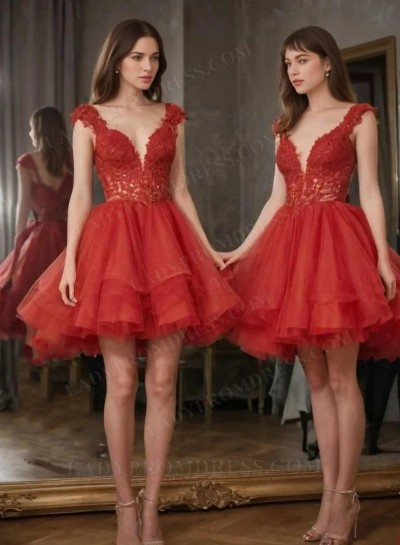 2025 Red V-neck Ball Gown Tulle Homecoming Dresses with Appliques