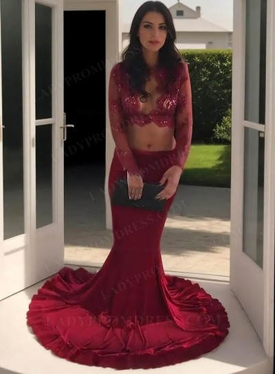2025 Sweetheart Burgundy Long Sleeves Two Pieces Prom Dresses
