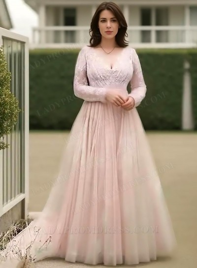 2025 A Line V Neck Lace Pink Long Sleeves Tulle Plus Size Wedding Dresses