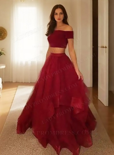 A Line Two Pieces Burgundy Tulle Off Shoulder 2025 Prom Dresses