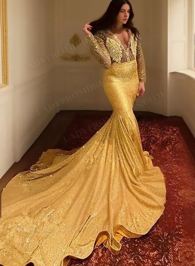 2025 Gold Mermaid Long Sleeves Sequence Long Prom Dresses