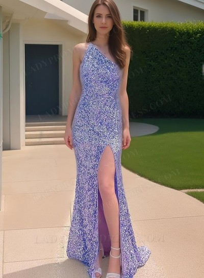 One Shoulder Lavender Side Slit Sequence Long Prom Dresses 2025