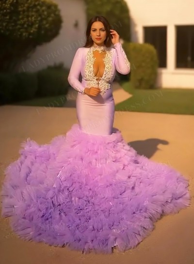 2025 Lilac Mermaid V-neck Long Sleeves Prom Dresses