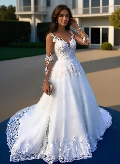 Lace Court Train Ball Gown Long Sleeve V-Neck Covered Button Wedding Dresses / Gowns With Beaded