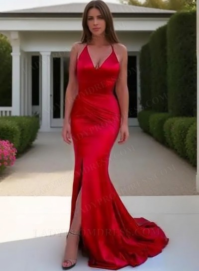 2025 Mermaid/Trumpet Red Side Slit Backless Prom Dresses