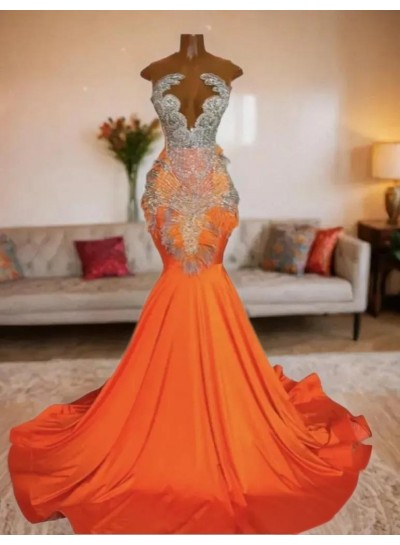 2025 Orange Long Sleeves Mermaid Sparkly African Girl Prom Dresses