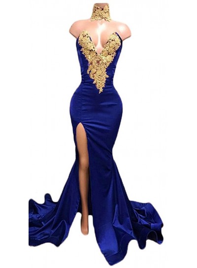 Charming Royal Blue Mermaid Sweetheart Side Slit Satin Prom Dresses With Gold Appliques