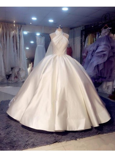 2025 Luxury Halter Satin Ball Gown Ivory Long Backless Wedding Dresses