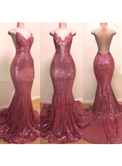 2025 Sexy Pink Sweetheart Backless Sequence Mermaid Prom Dresses