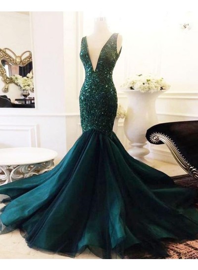 2025 Unique Dark-Green Sequins Beaded V Neck Sleeveless Tulle Mermaid/Trumpet Prom Dresses