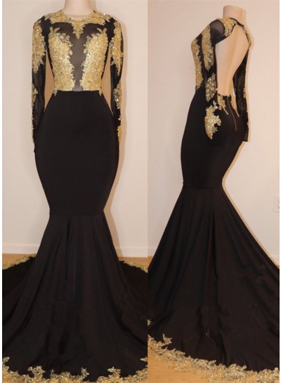 2025 Black Mermaid/Trumpet Gold Applique See Through Scoop Neck Backless Long Sleeve Prom Dresses