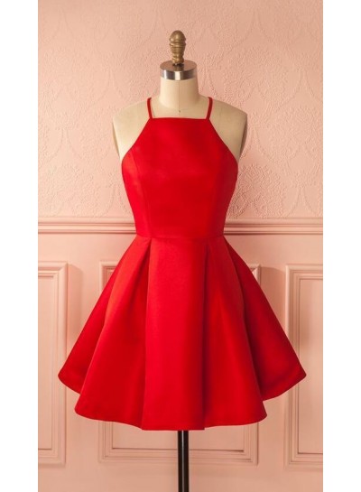 Sleeveless Red Halter Spaghetti Straps A Line Pleated Satin Short Homecoming Dresses