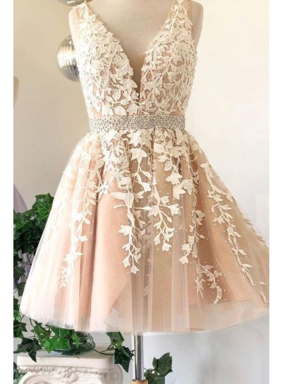Deep V Neck Ivory Sleeveless A Line Tulle Lace Appliques Pleated Homecoming Dresses
