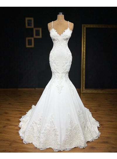 2025 Sexy Mermaid/Trumpet Spaghetti Straps Sweetheart Satin Applique Wedding Dresses / Bridal Gowns