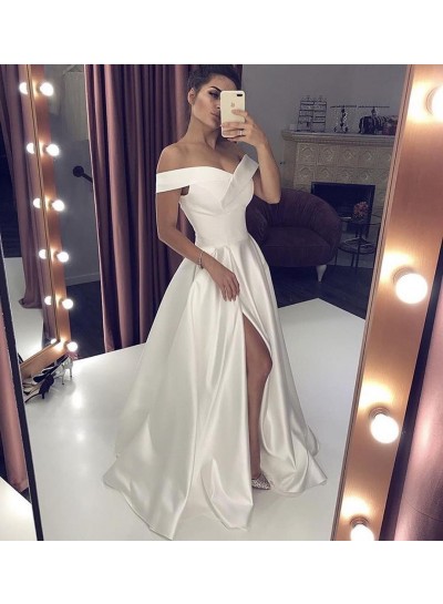 New Arrival A Line Side Slit Satin Off Shoulder Sweetheart Wedding Dresses 2025