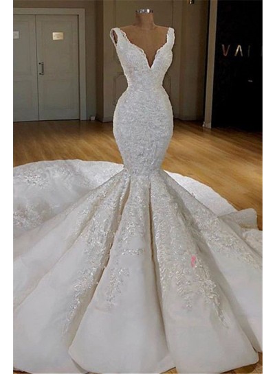 Sexy Mermaid V Neck Long Train Satin Lace Wedding Dresses 2025