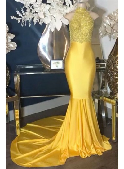 2025 New Arrival Mermaid Yellow High Neck Elastic Satin Prom Dresses With Appliques