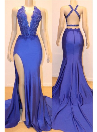 Amazing Sheath Side Slit Royal Blue V Neck Backless Lace Prom Dresses 2025