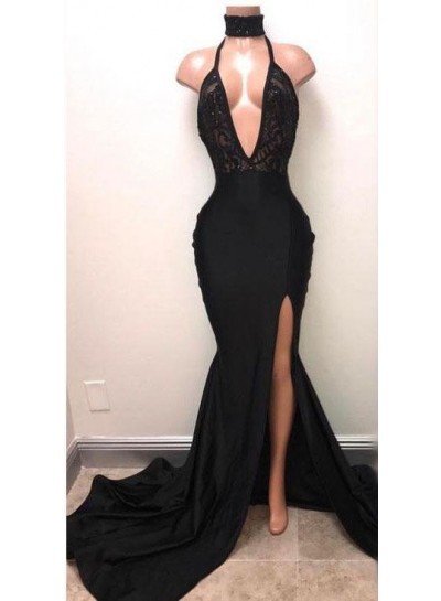 2025 Sexy Mermaid Deep V Neck Side Slit Black Halter Lace Prom Dresses