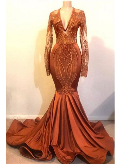 2025 Sexy Mermaid Long Sleeves Coral V Neck Satin Prom Dresses With Appliques