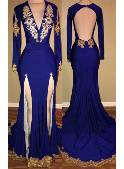 2025 Royal Blue Side Slit Long Sleeves V Neck Backless Gold Appliques Prom Dresses