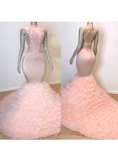 2025 New Arrival Mermaid Backless Tulle Pink High Neck Lace Prom Dresses