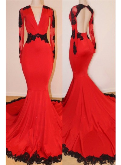 Red With Black Appliques V Neck Long Sleeves 2025 Prom Dresses