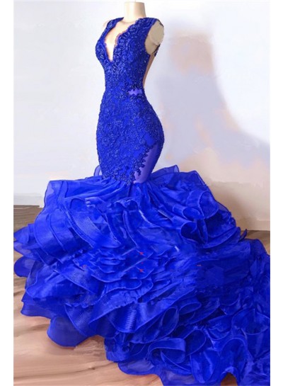 2025 Royal Blue Mermaid V Neck Organza Layered Lace Long Prom Dresses