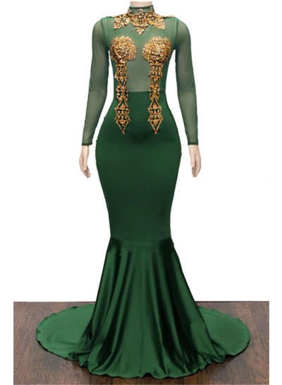 2025 Charming Hunter Long Sleeves High Neck Gold Appliques Prom Dresses