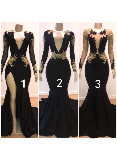 2025 Sexy Black Mermaid Long Sleeves V Neck Gold Appliques Prom Dresses