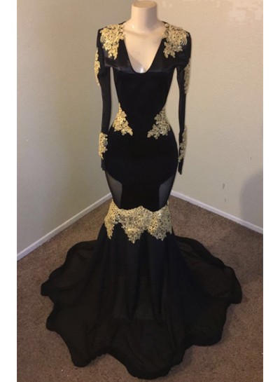 2025 Sexy Black Mermaid Long Sleeves V Neck With Gold Appliques Prom Dresses