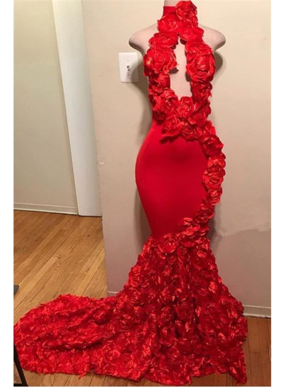 Sexy Red Mermaid High Neck Rose Open Front Backless Prom Dresses 2025