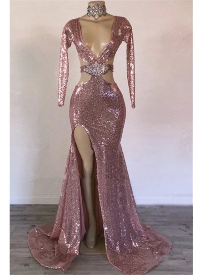 2025 Sheath Dusty Rose Hollow Out Sequence V Neck Long Sleeves Beaded Prom Dresses