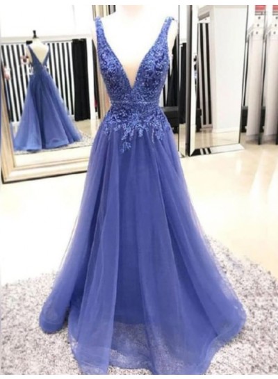 A Line Royal Blue V Neck Tulle Prom Dresses With Appliques 2025