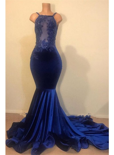 2025 Charming Mermaid Royal Blue Velvet Beaded Backless Prom Dresses