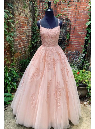 2025 New Arrival Tulle Blush Pink Ball Gown Prom Dresses With Appliques Lace Up 