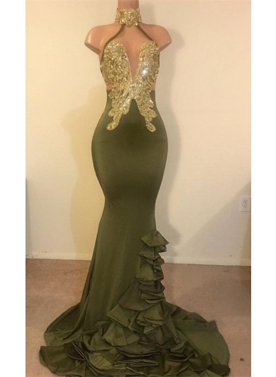 2025 New Arrival Mermaid High Neck Beaded Green Ruch Backless Prom Dresses
