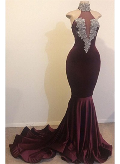 2025 New Arrival High Neck Grape Beaded Mermaid Prom Dresses