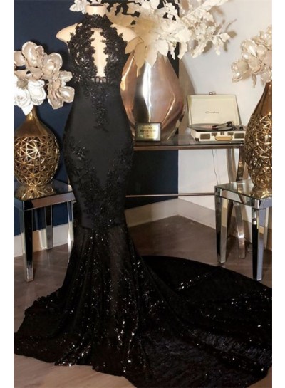 2025 Designer Black Mermaid High Neck Sequence Open Front Long Prom Dresses