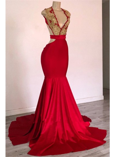 2025 New Arrival Mermaid Red V Neck Backless Gold Appliques Prom Dresses