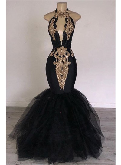 Sexy Black Mermaid Tulle With Gold Appliques V Neck Backless Prom Dresses 2025