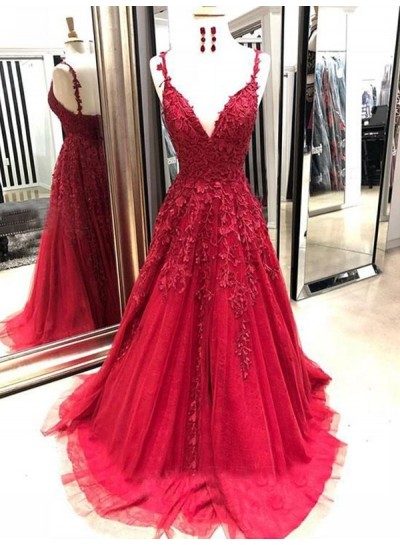 A Line V Neck Blue Tulle Lace Prom Dresses 2025