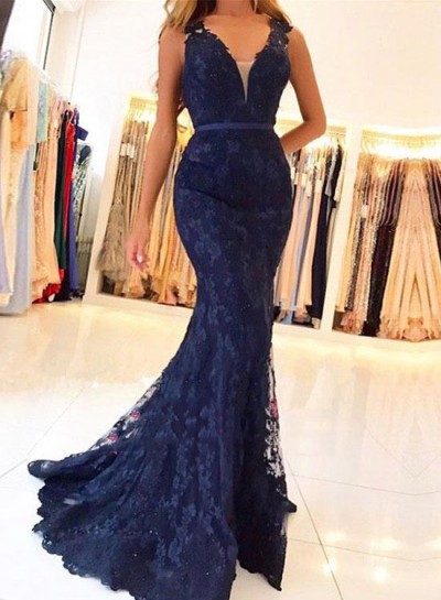 2025 V Neck Dark Navy Sheath Lace Prom Dresses