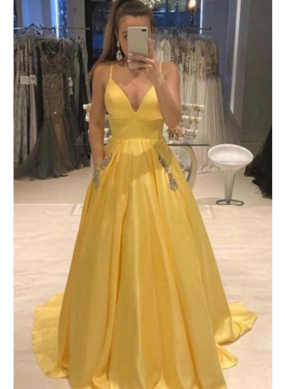 2025 A Line Satin Sweetheart Daffodil Beaded Prom Dresses With Pockets