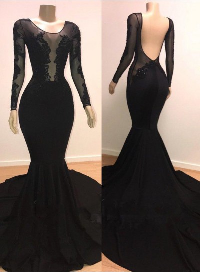 Black 2025 Scoop Long Sleeves Mermaid Appliques Long Prom dress