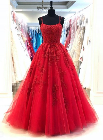 2025 A Line Red Spaghetti Straps Tulle Long Prom Dresses with Appliques